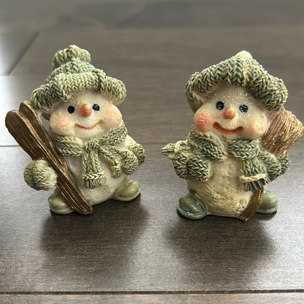 Miniature Ceramic Winter Snowman Set, Pastel Green Happy Holiday Decor Christmas